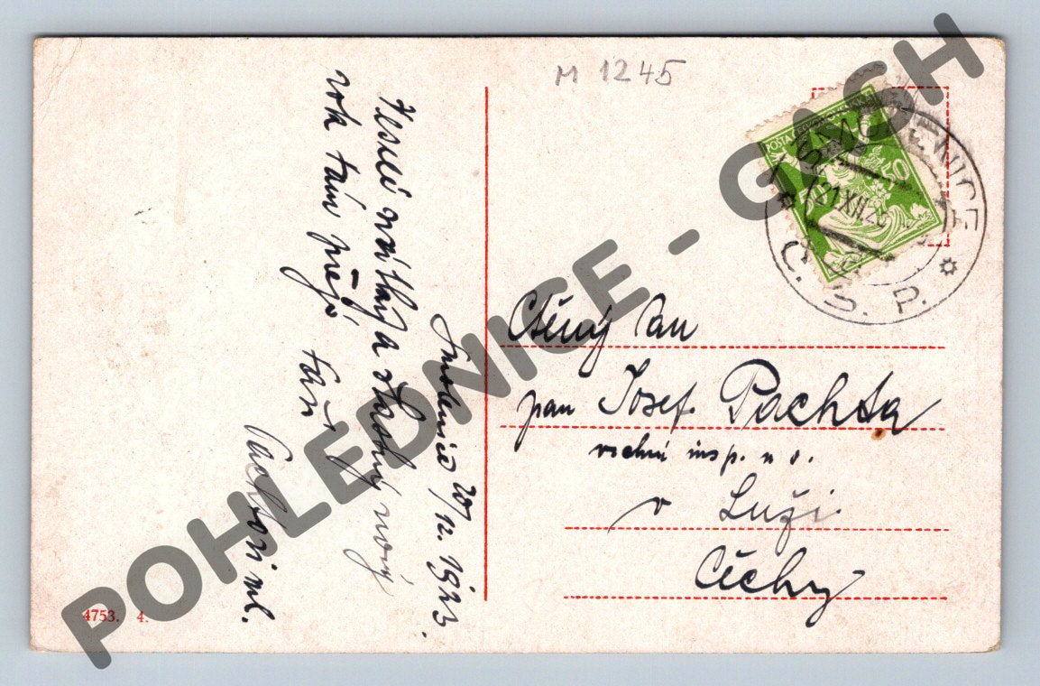 Pohlednice Vánoce jehličnan a šišky ručně psaná 1923 (M1245)