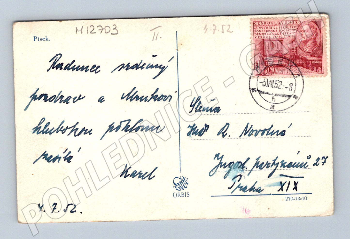 Pohlednice Písek radnice 1952 (M12703)