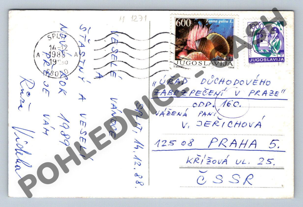 Postcard Yugoslavia 1988 Christmas to Czechoslovakia (M1271)