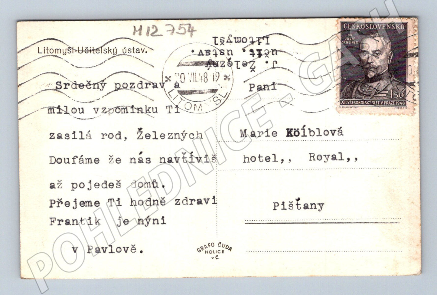 Pohlednice Litomyšl učitelský ústav 1948 razítkovaná (M12754)