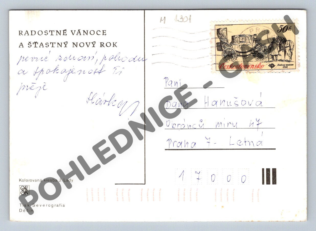 Pohlednice Josef Lada zimní krajina kolorovaná (M1301)