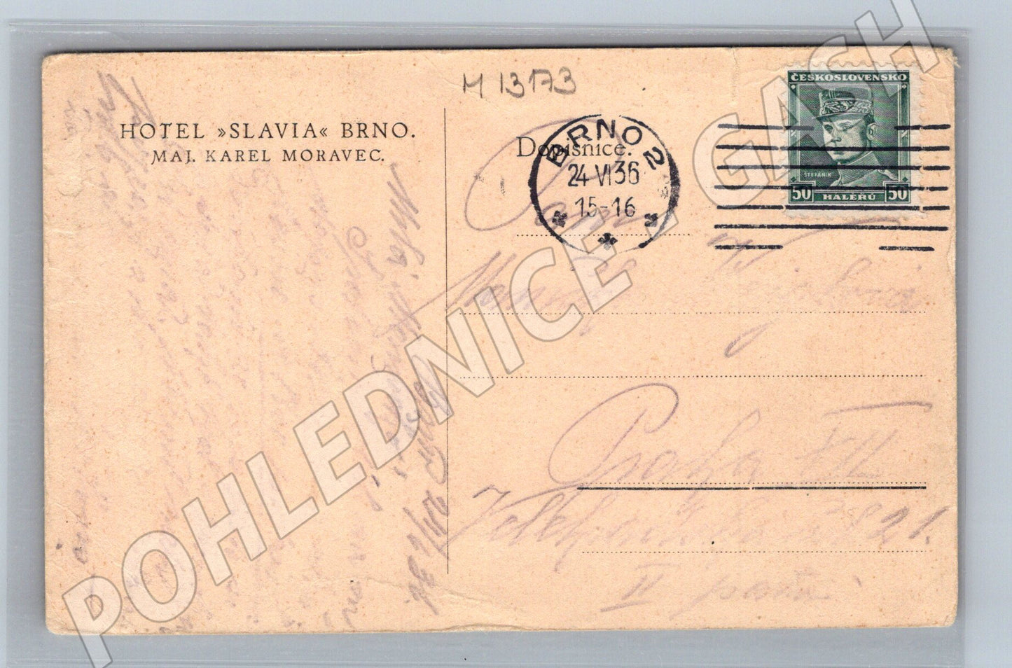 Pohlednice Hotel Slavia Brno 1936 (M13173)