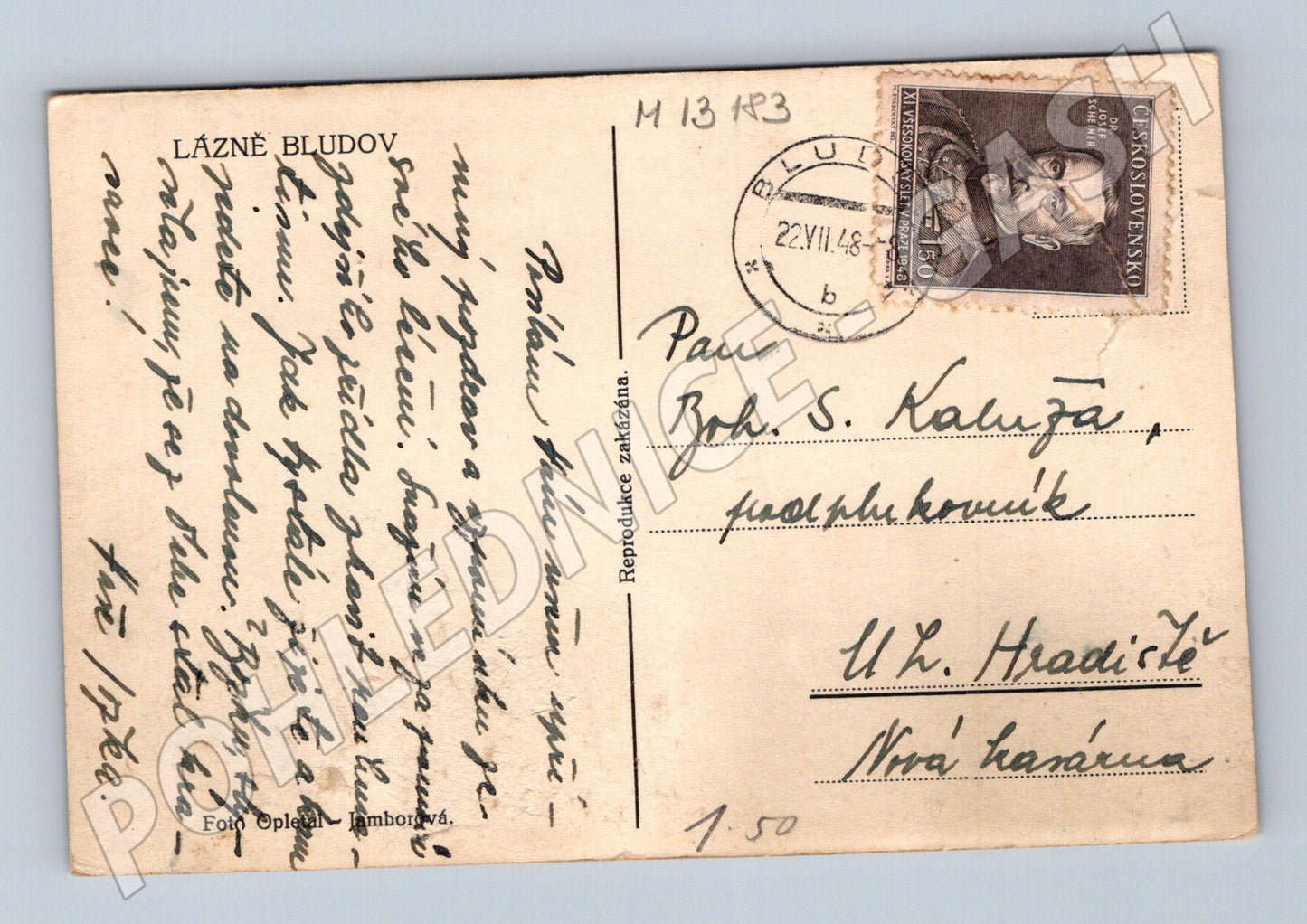 Pohlednice Lázně Bludov 1948 poštovně prošlá Jeseníky (M13183)
