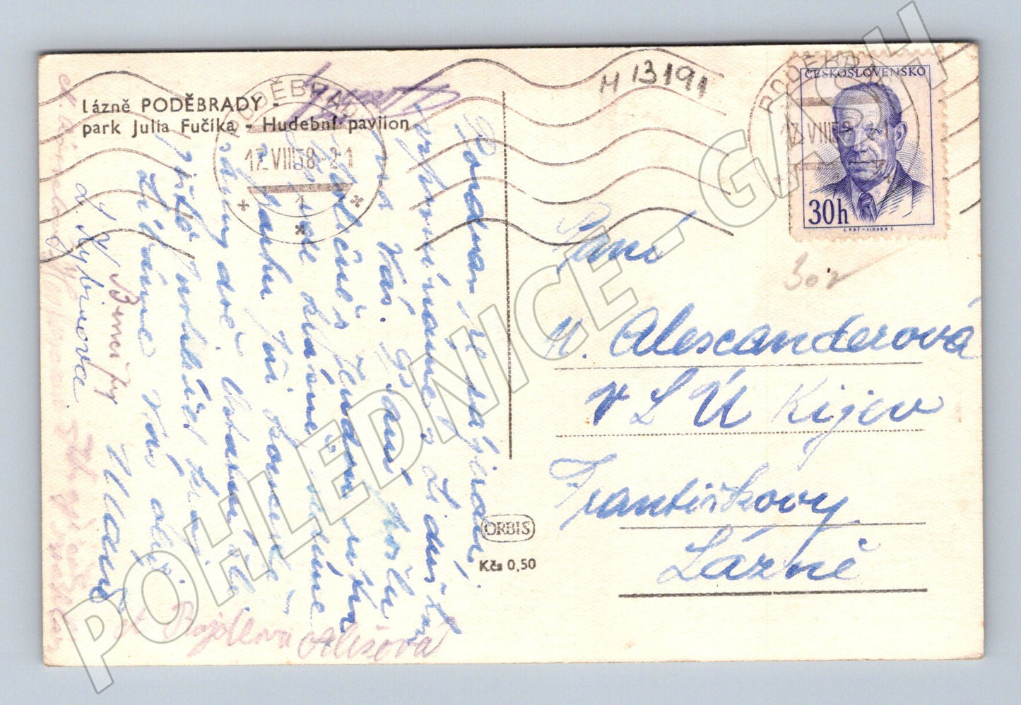Pohlednice Poděbrady hudební pavilon park Julia Fučíka 1951 (M13191)