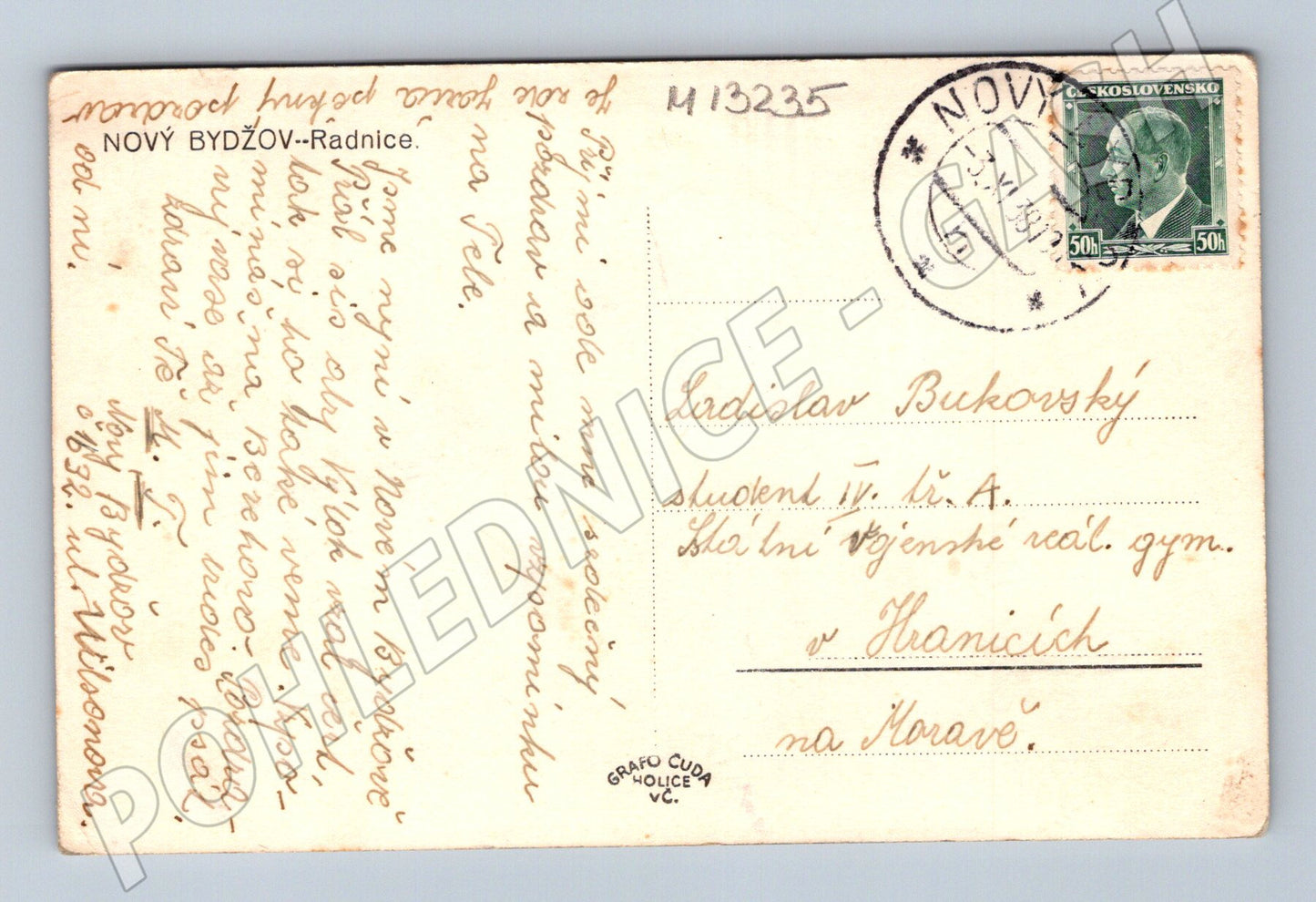Pohlednice Nový Bydžov radnice historická ČSR 1938 (M13235)