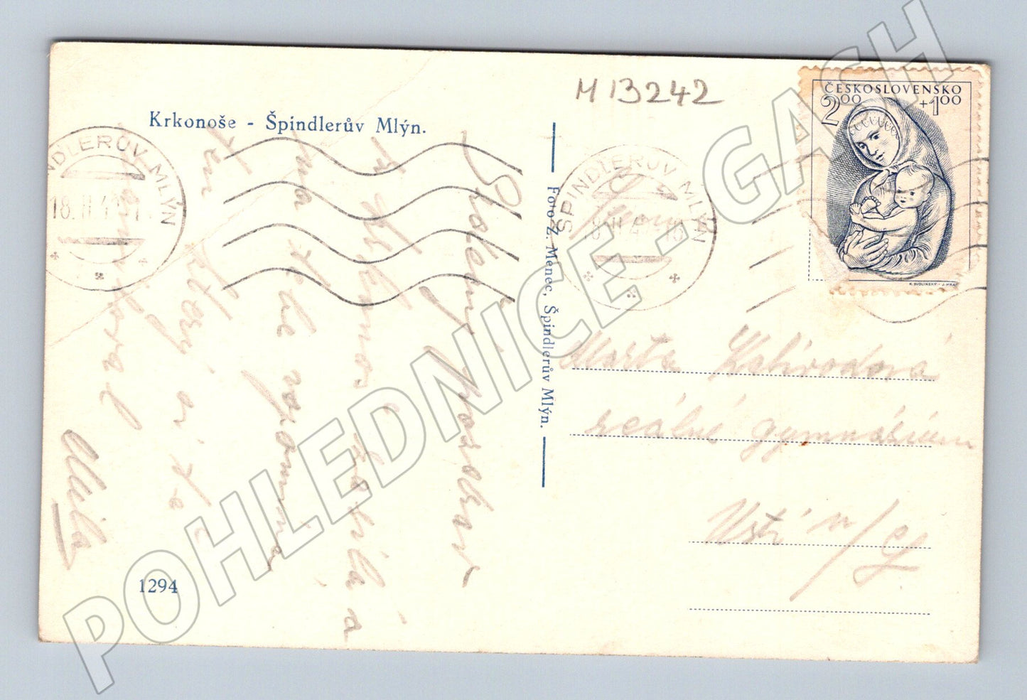 Pohlednice Špindlerův Mlýn Krkonoše zimní pohled 1948 (M13242)