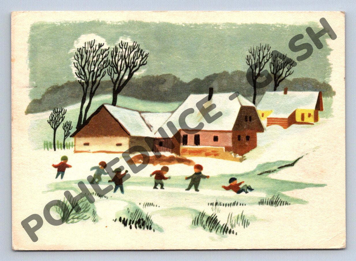 Pohlednice zimní vesnice kolorovaná 1966 (M1332)