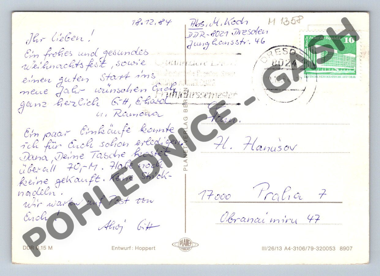 Pohlednice Vánoce a Nový rok 1984 NDR do ČR (M1358)