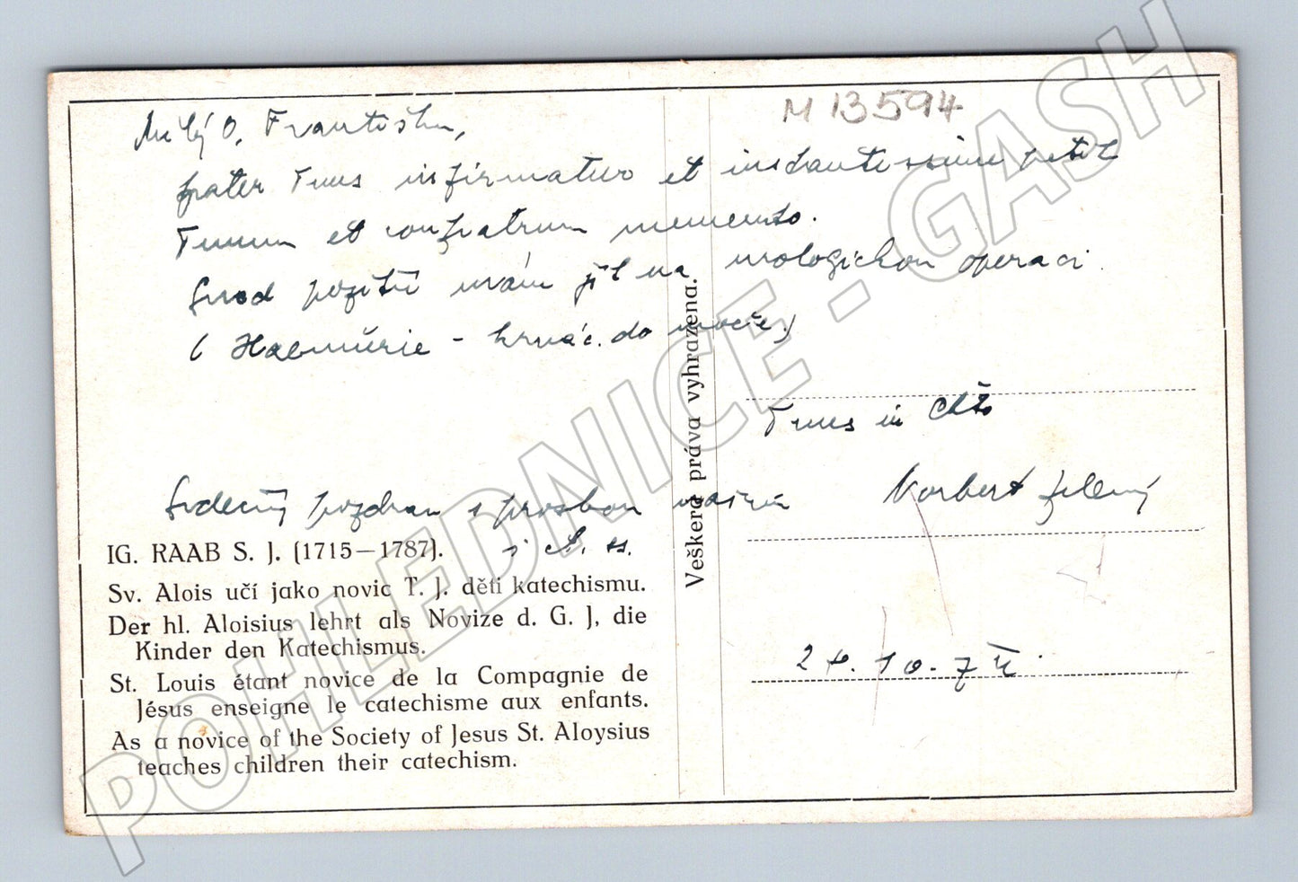Pohlednice sv. Alois učí děti (M13594)