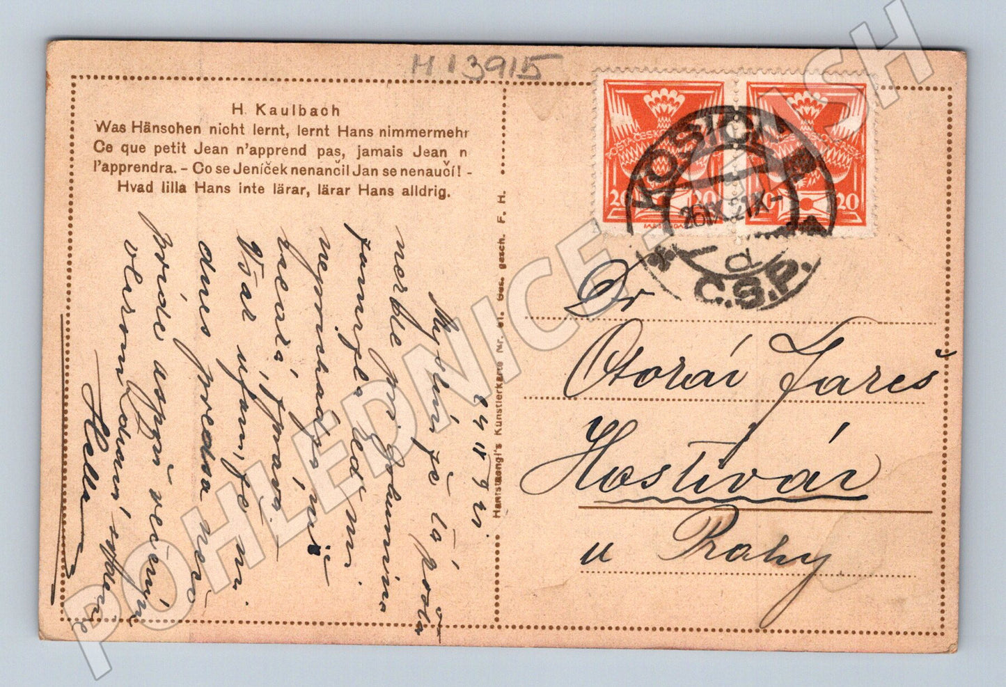 Pohlednice H. Kaulbach žánrová scéna známky (M13915)