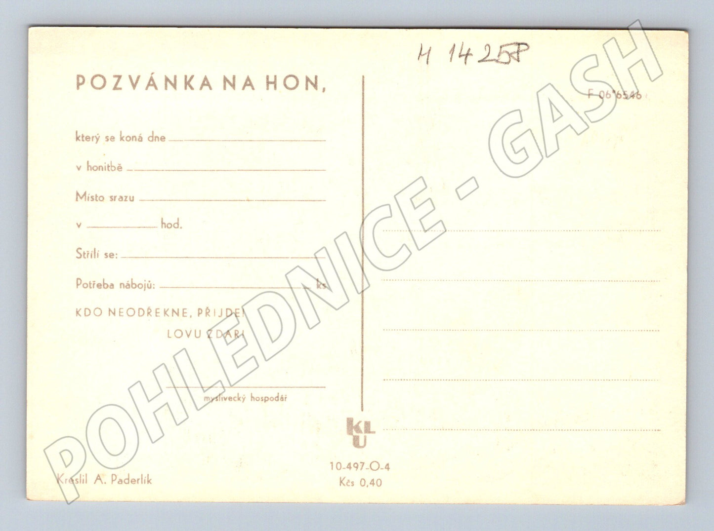 Pohlednice Pozvánka na hon – kresba A. Paderlík (M14258)