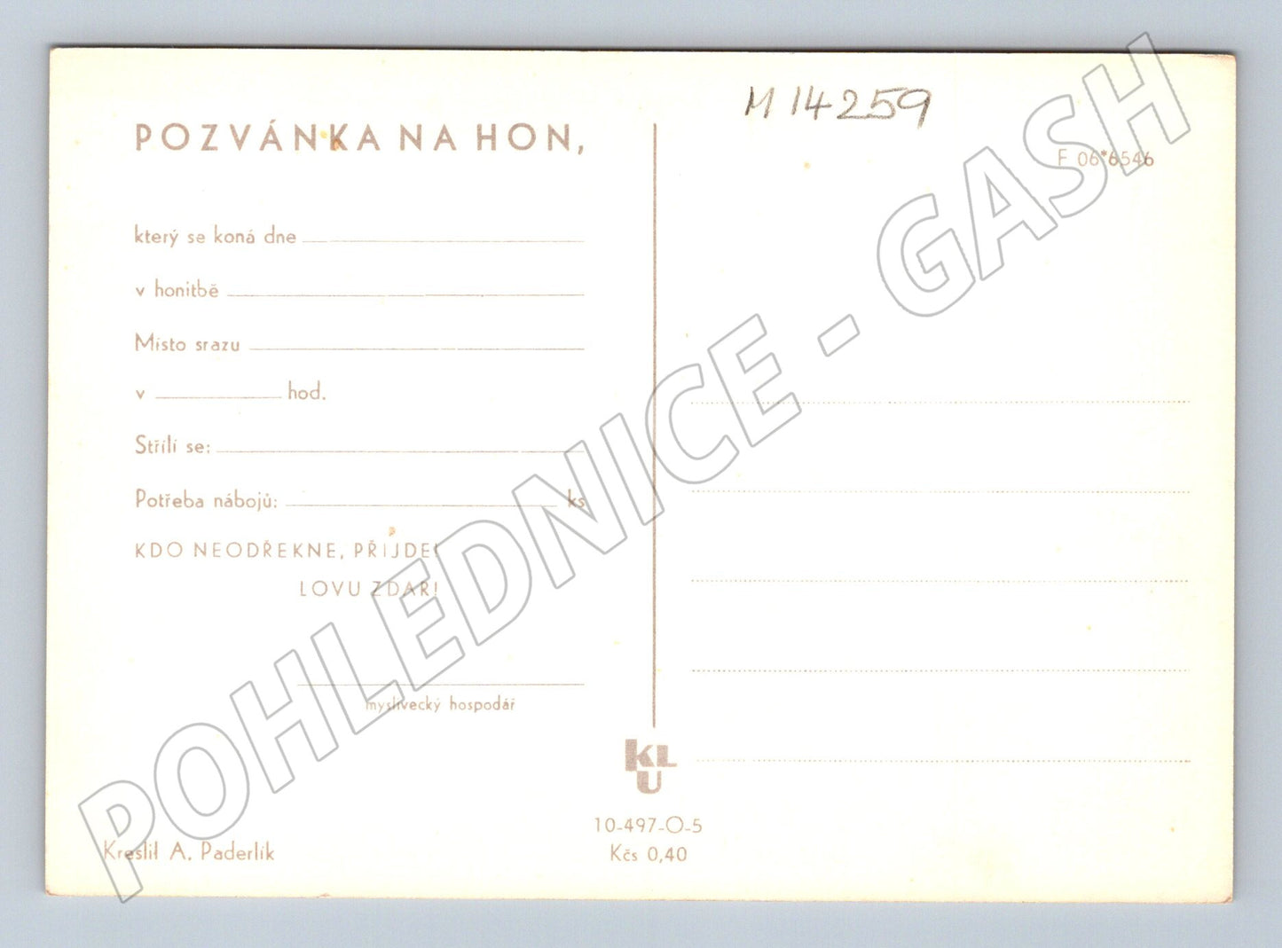 Pohlednice Pozvánka na hon – ptáci, A. Paderlík (M14259)