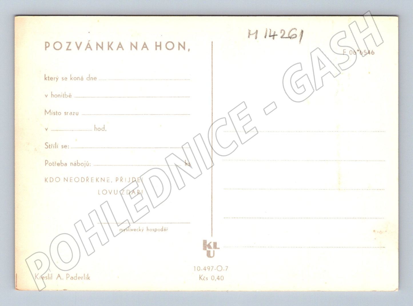 Pohlednice Pozvánka na hon – ilustrace A. Paderlík (M14261)