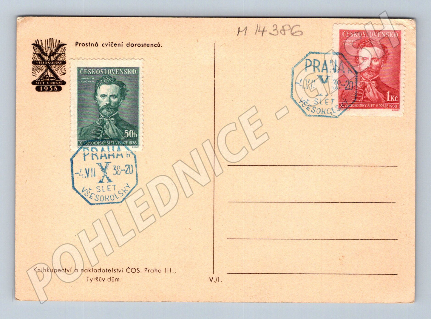 Pohlednice Všesokolský slet Praha 1938 – dorost, razítko (M14386)