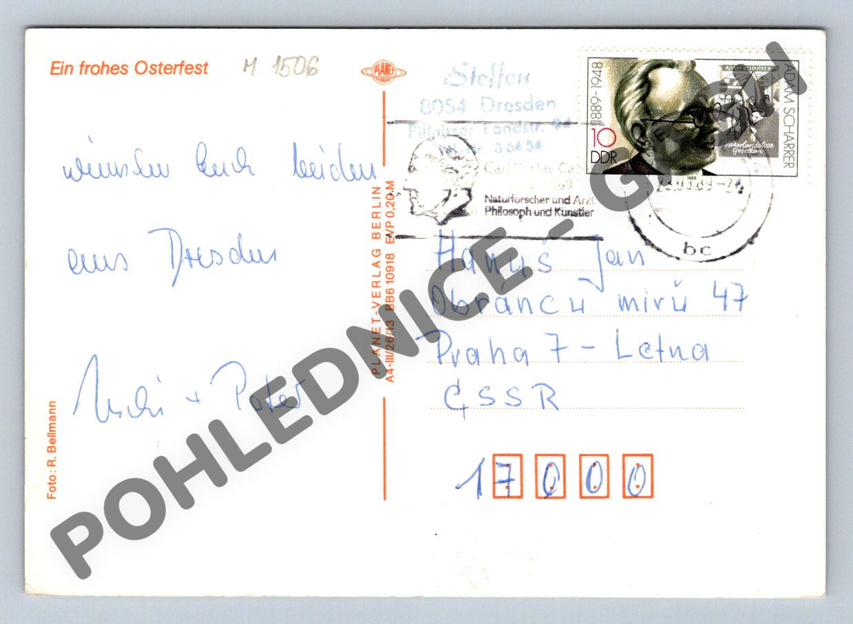 Pohlednice Velikonoční košík se zajíčky NDR (M1506)