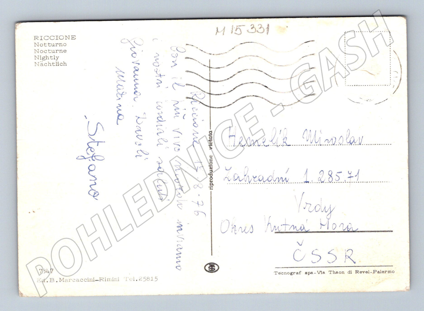 Pohlednice Riccione – noční přístav 1976 (M15331)