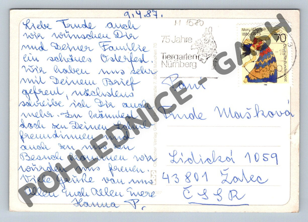 Pohlednice Německo Frohe Ostern barevný zajíček 1987 (M1580)