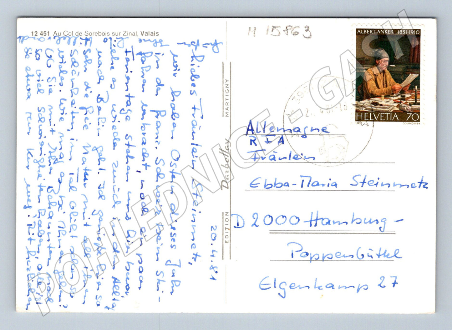 Pohlednice Zinal Valais Švýcarsko lyžaři Alpy 1981 (M15863)