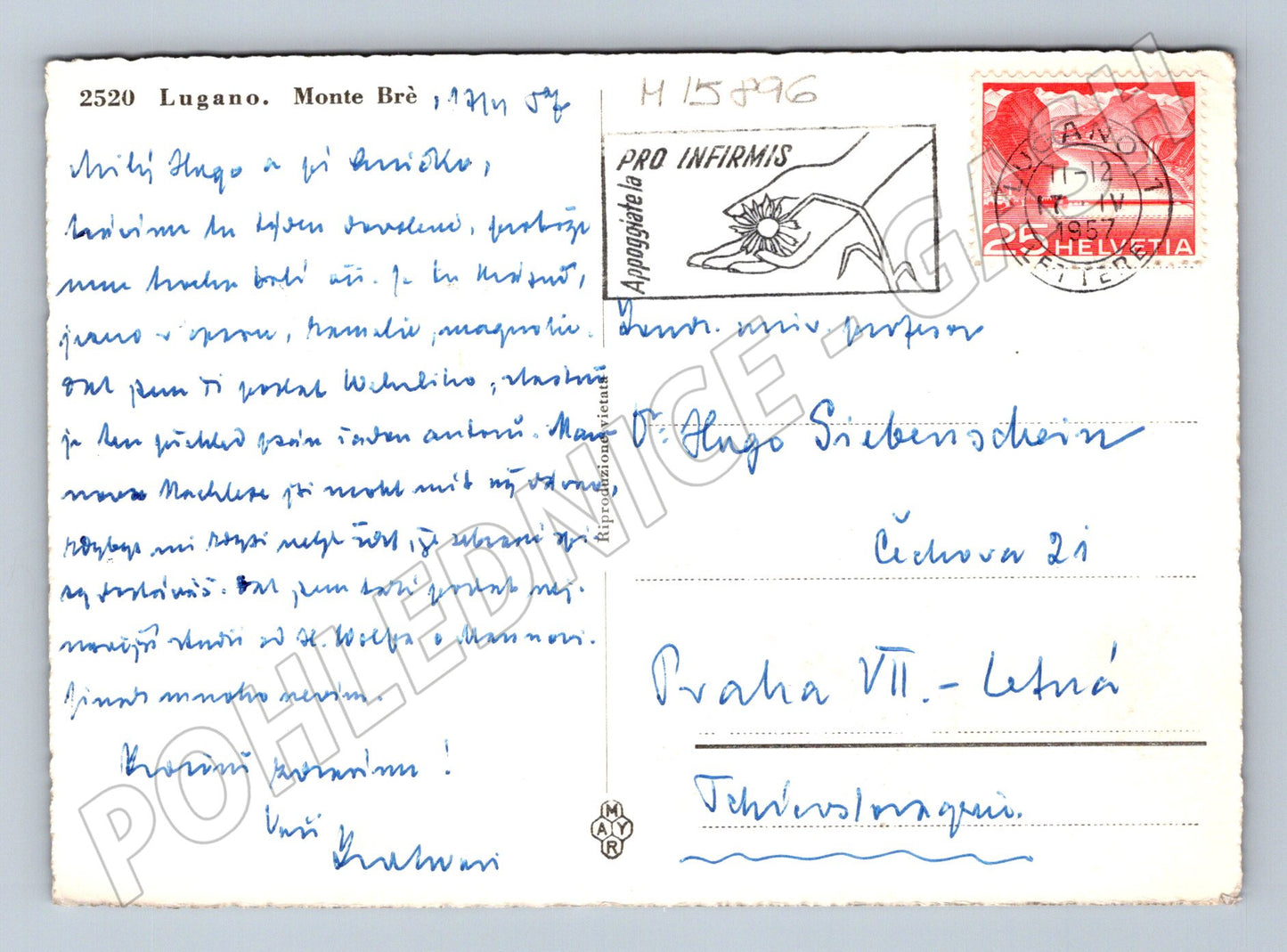Pohlednice Lugano Monte Brè Švýcarsko 1957 (M15896)