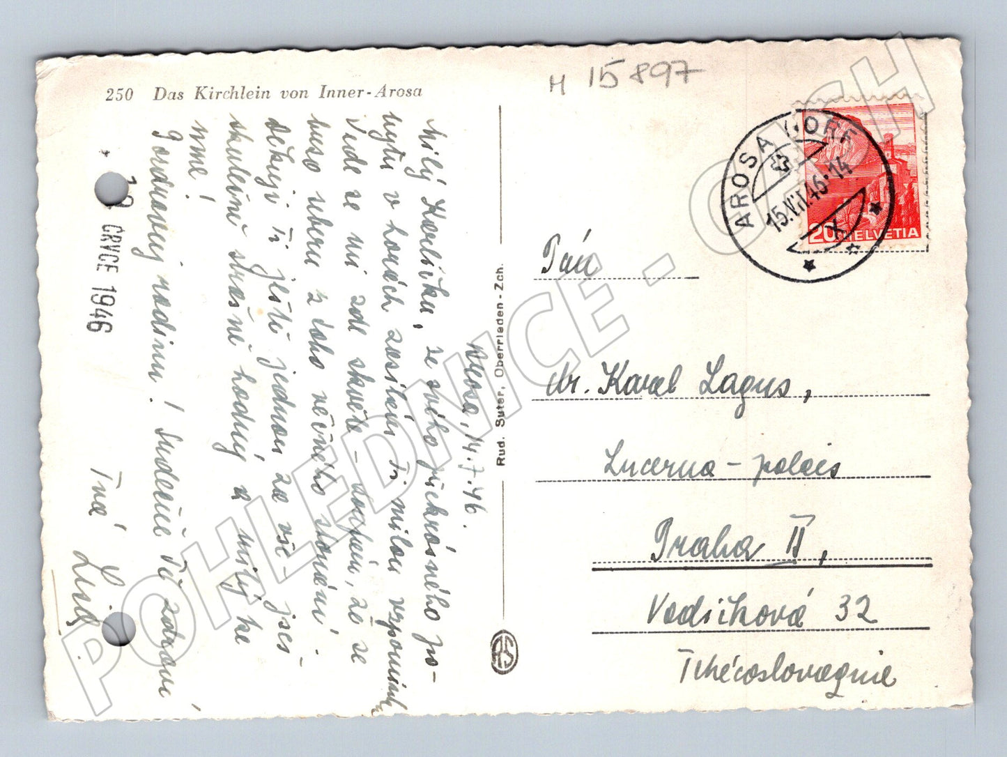 Pohlednice Arosa Švýcarsko kostel Alpy 1946 (M15897)