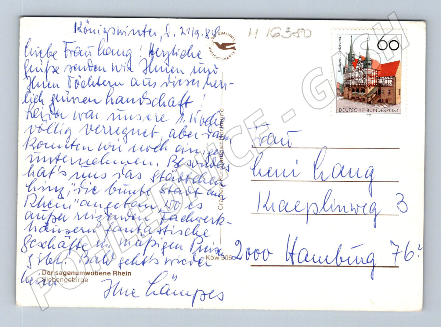 Pohlednice Siebengebirge a Rýn Německo popsaná známka (M16380)