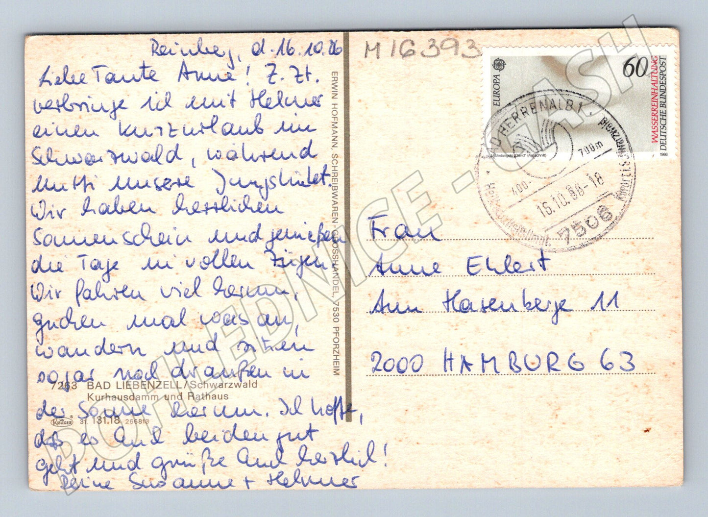 Pohlednice Bad Liebenzell Schwarzwald Německo 1986 (M16393)