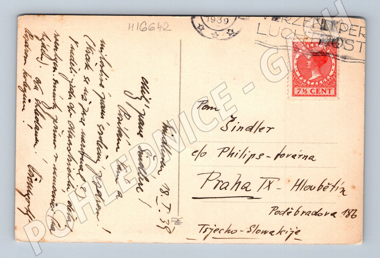 Pohlednice Eindhoven Philips továrny 1939 do Prahy (M16642)