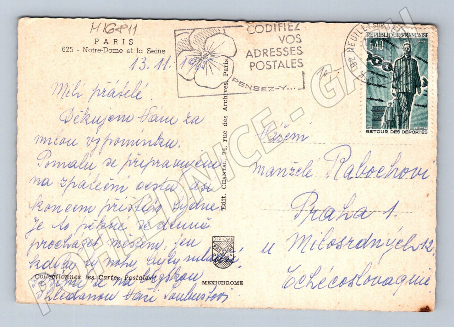 Pohlednice Paříž Notre Dame Francie do Československa (M16811)