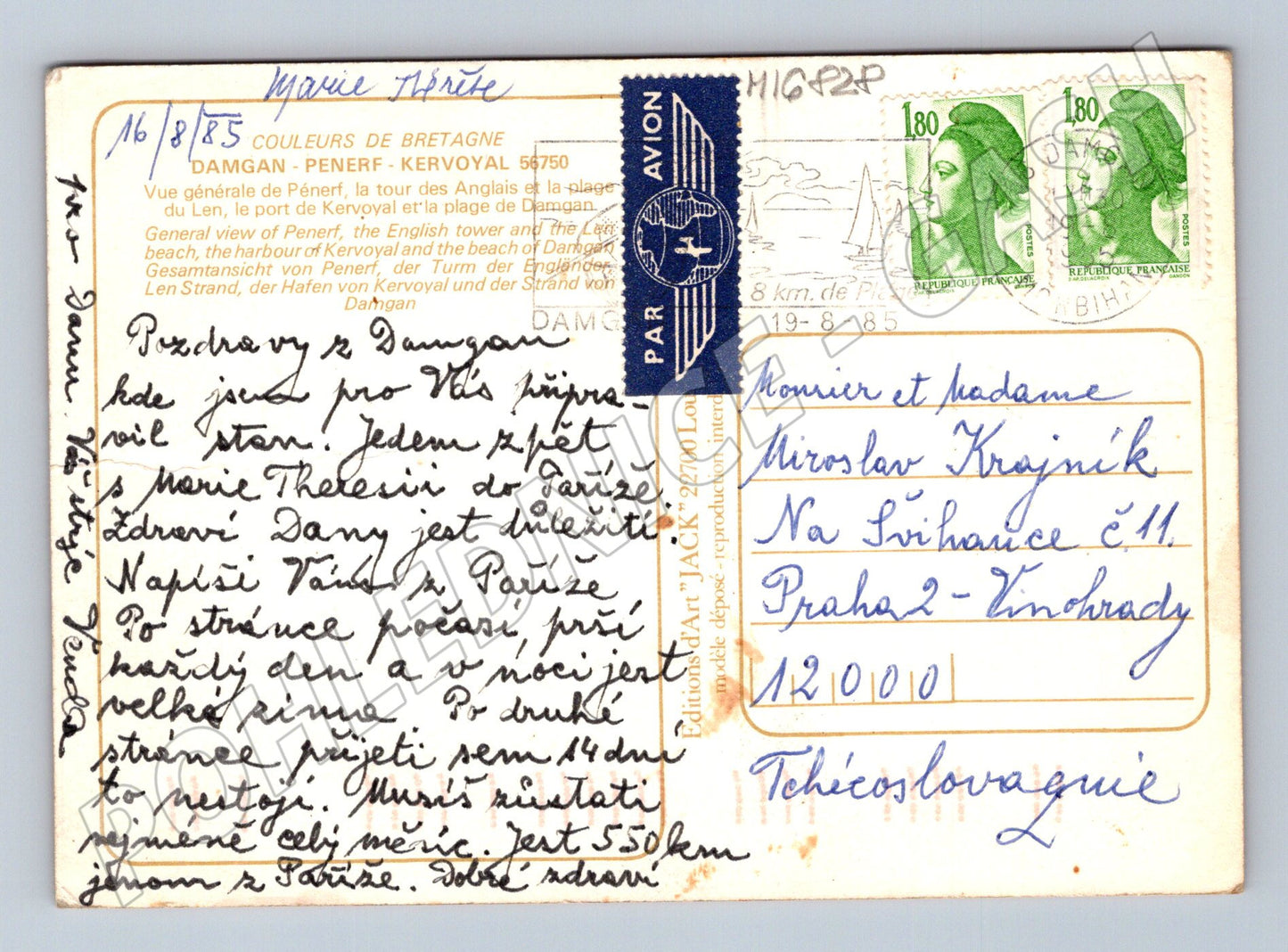 Pohlednice Damgan Bretaň 1985 pláž prošlá poštou (M16828)