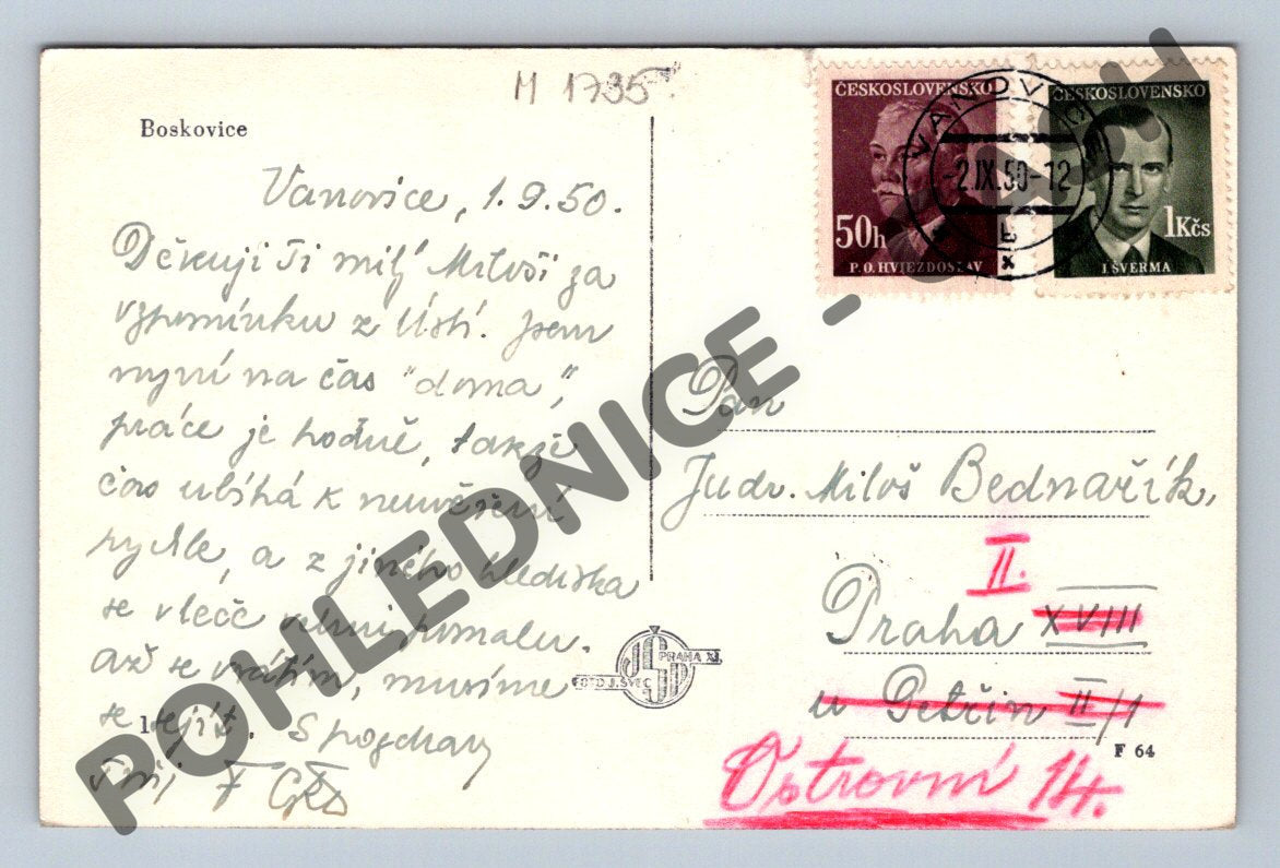 Pohlednice Boskovice PP 1950 (M1735)