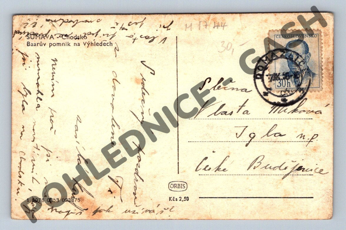 Pohlednice Baarův pomník na Vyhledech u Domažlic 1944 (M1744)