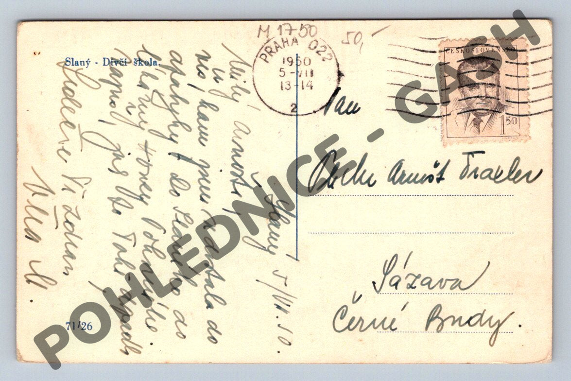Pohlednice Slaný Dívčí škola 1950 (M1750)
