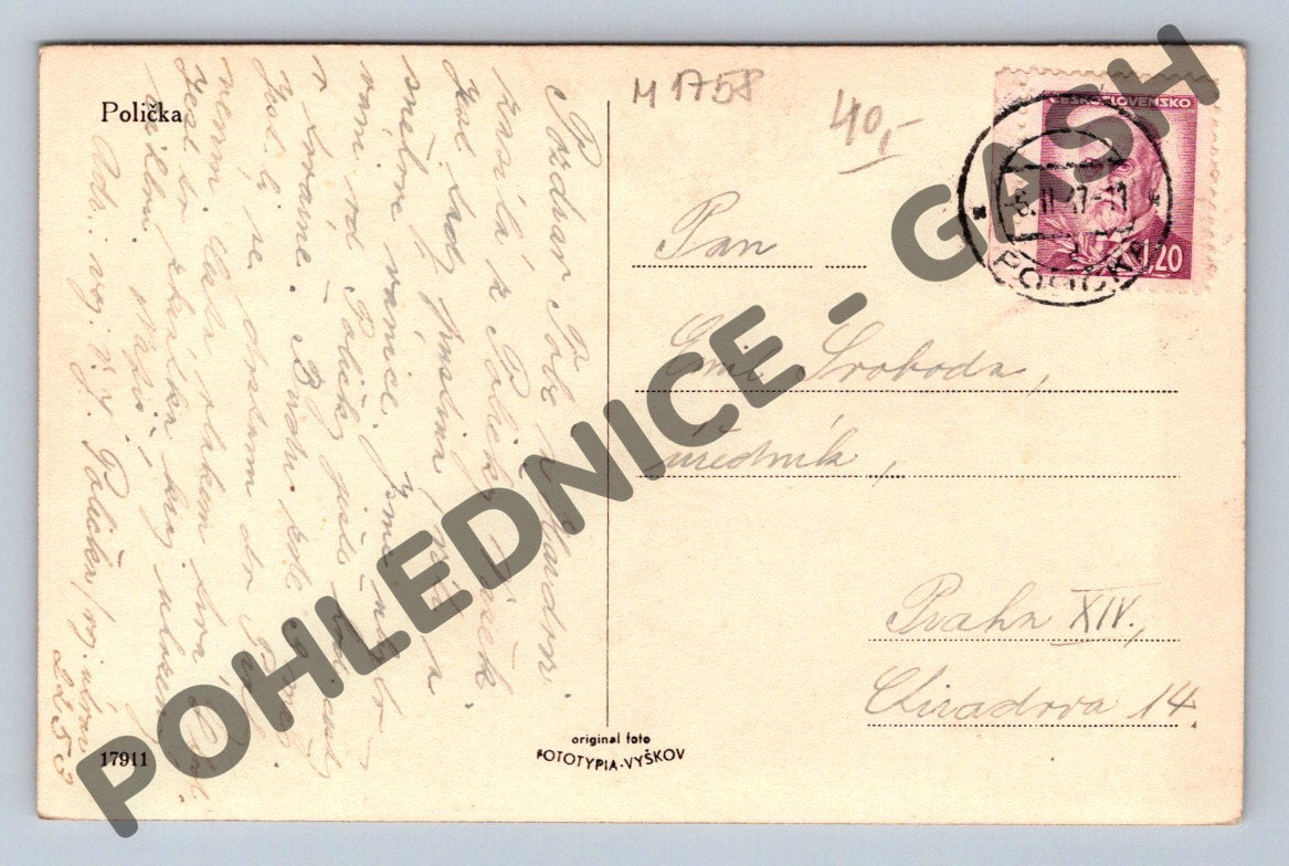 Pohlednice Polička Tylův dům kostel sv Jakuba 1947 (M1758)