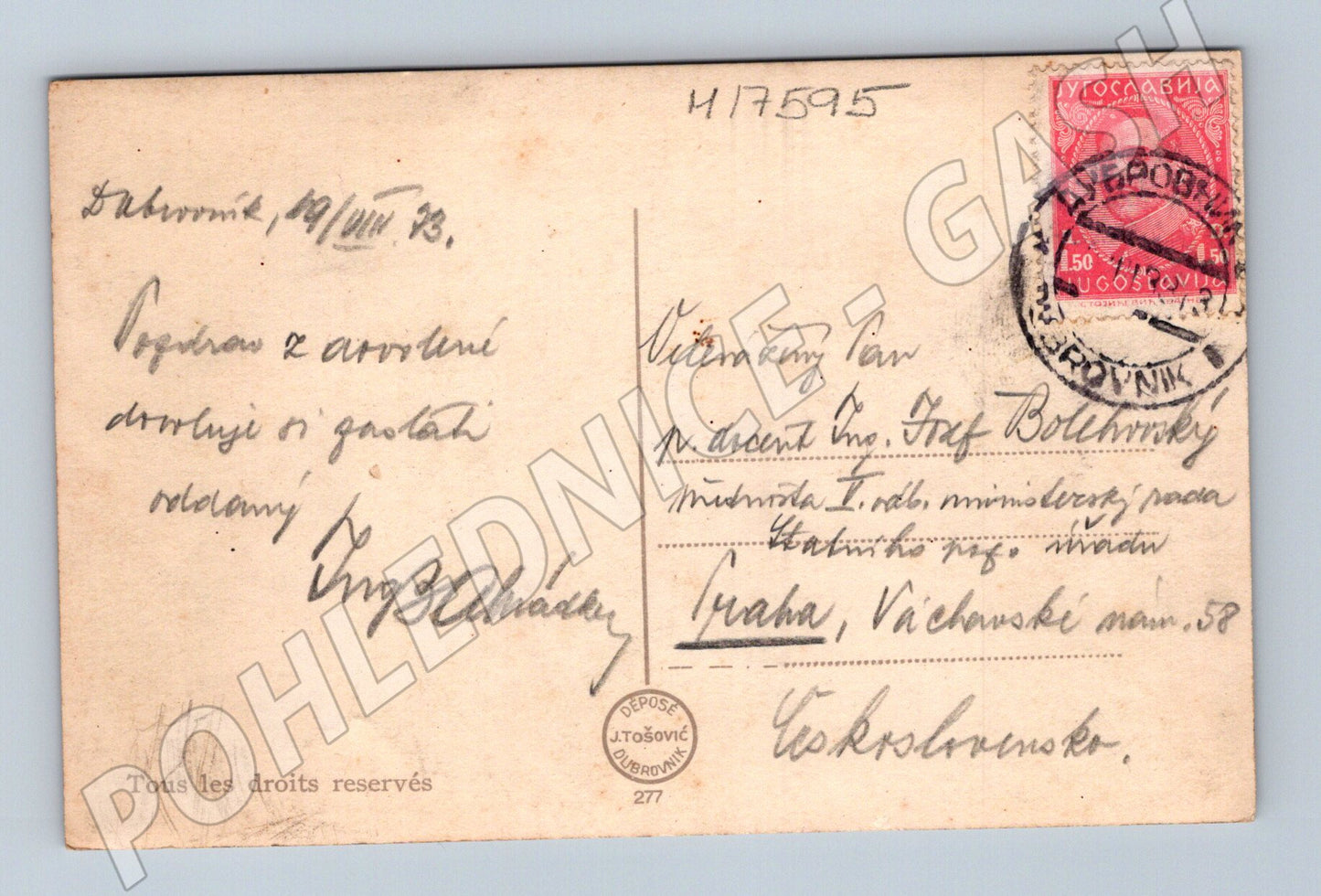 Pohlednice Dubrovník 1933 zaslaná do Prahy Jugoslávie (M17595)