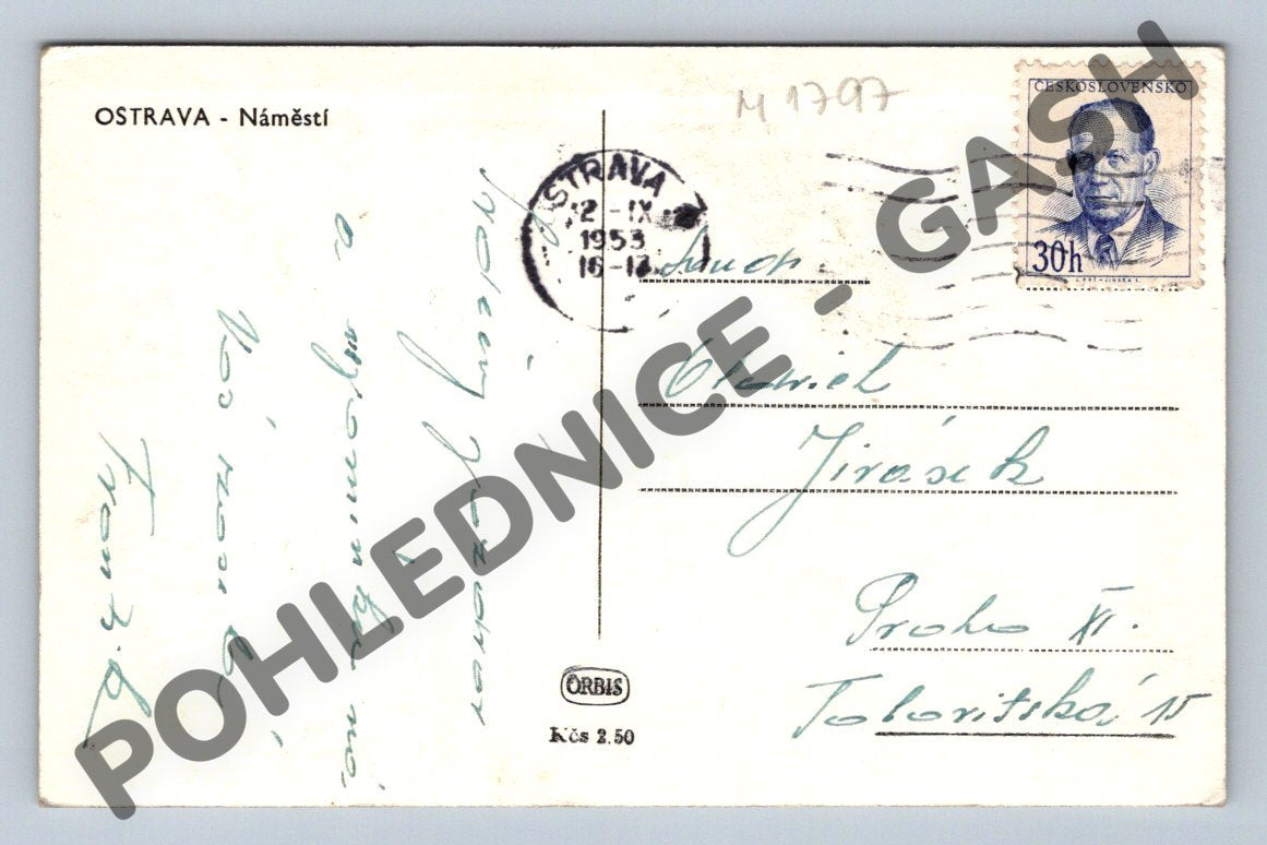 Pohlednice Ostrava náměstí tramvaj 1953 PP (M1797)