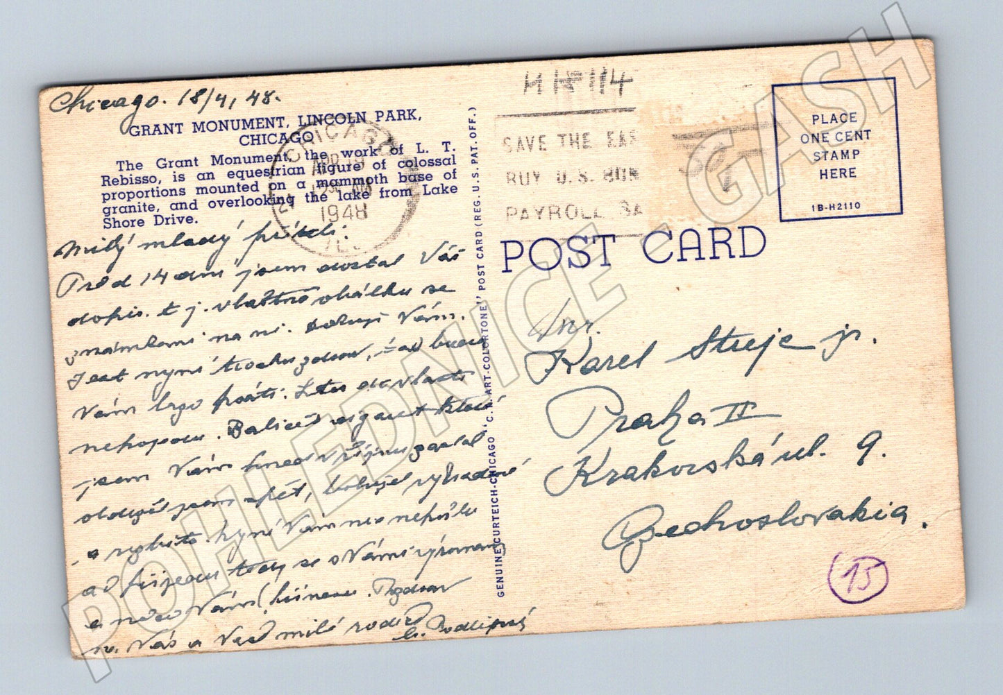 Pohlednice Chicago Grantův památník 1948 (M18114)