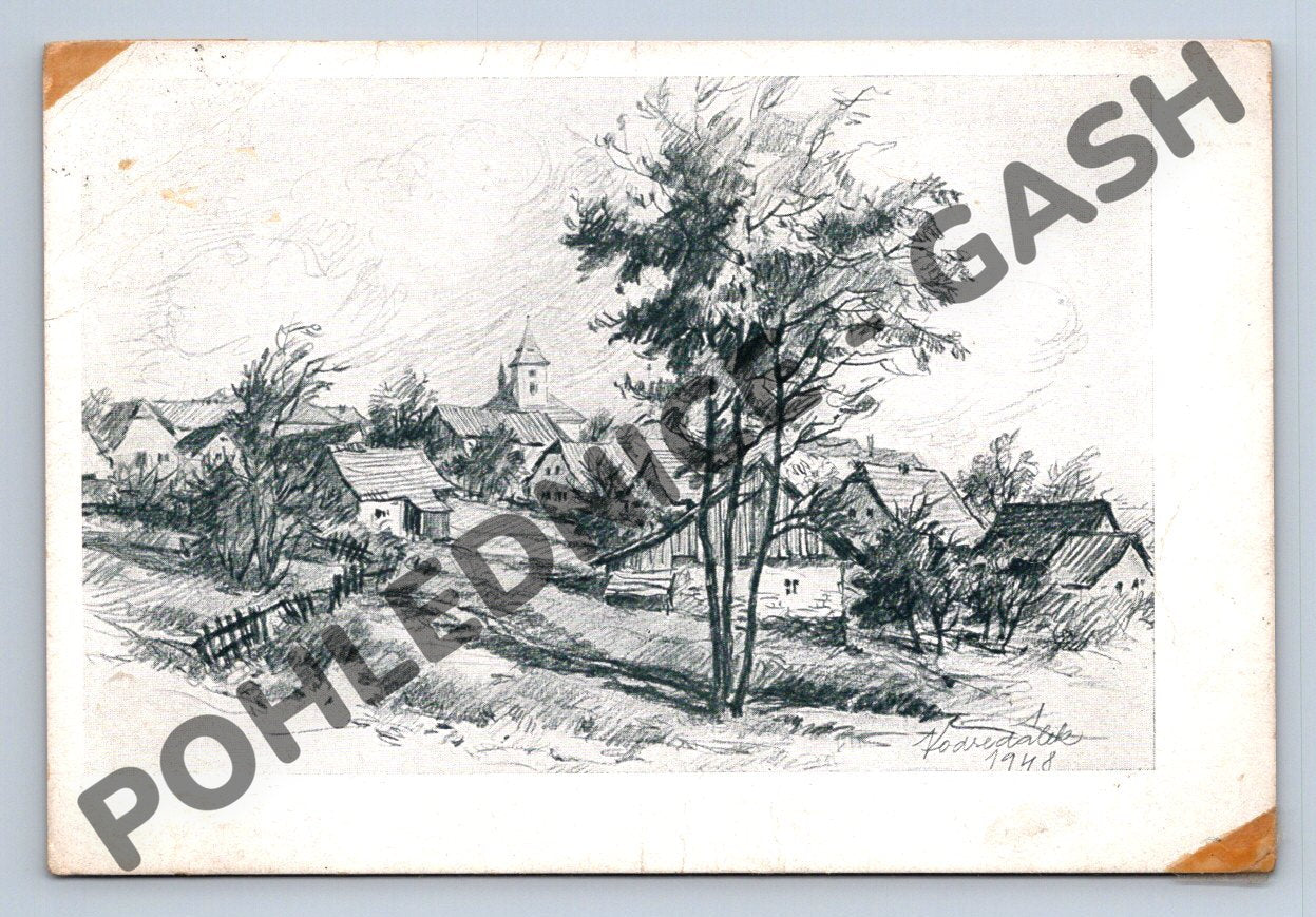 Pohlednice Vysoké nad Jizerou 1948 kresba zaslaná 1958 (M1817)