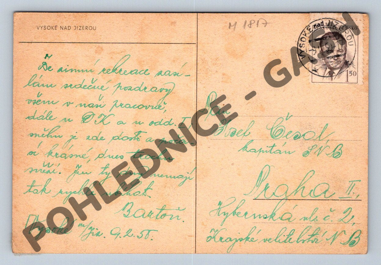 Pohlednice Vysoké nad Jizerou 1948 kresba zaslaná 1958 (M1817)