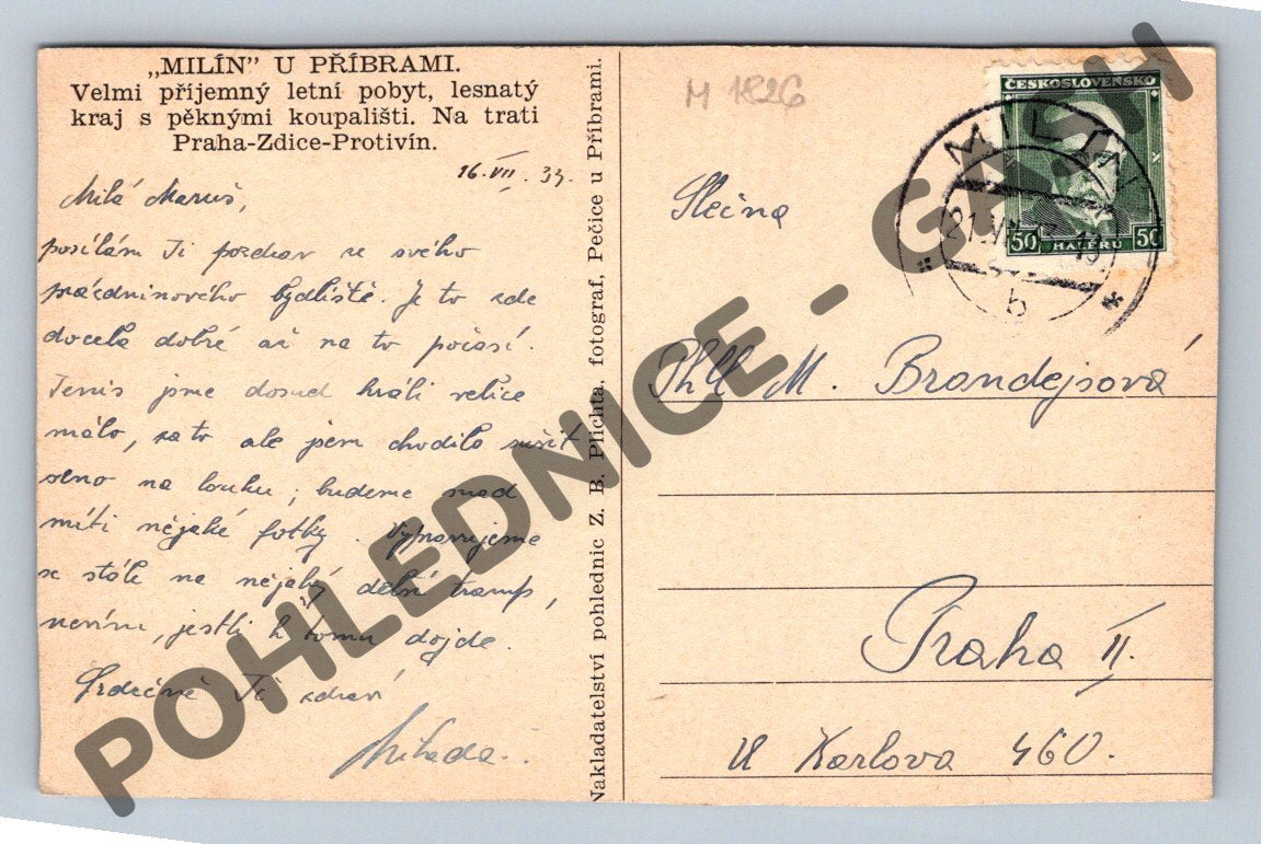 Pohlednice Milín u Příbrami 1933 (M1826)