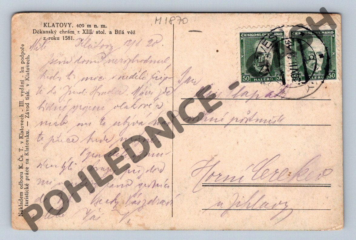 Pohlednice Klatovy chrám Bílá věž kolorovaná (M1870)