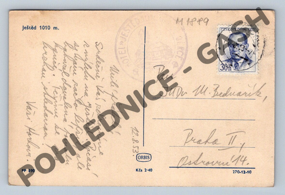 Pohlednice Ještěd 1010 m automobil PP 1953 (M1889)