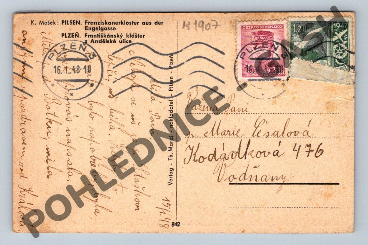 Pohlednice Plzeň Františkánský klášter 1948 (M1907)