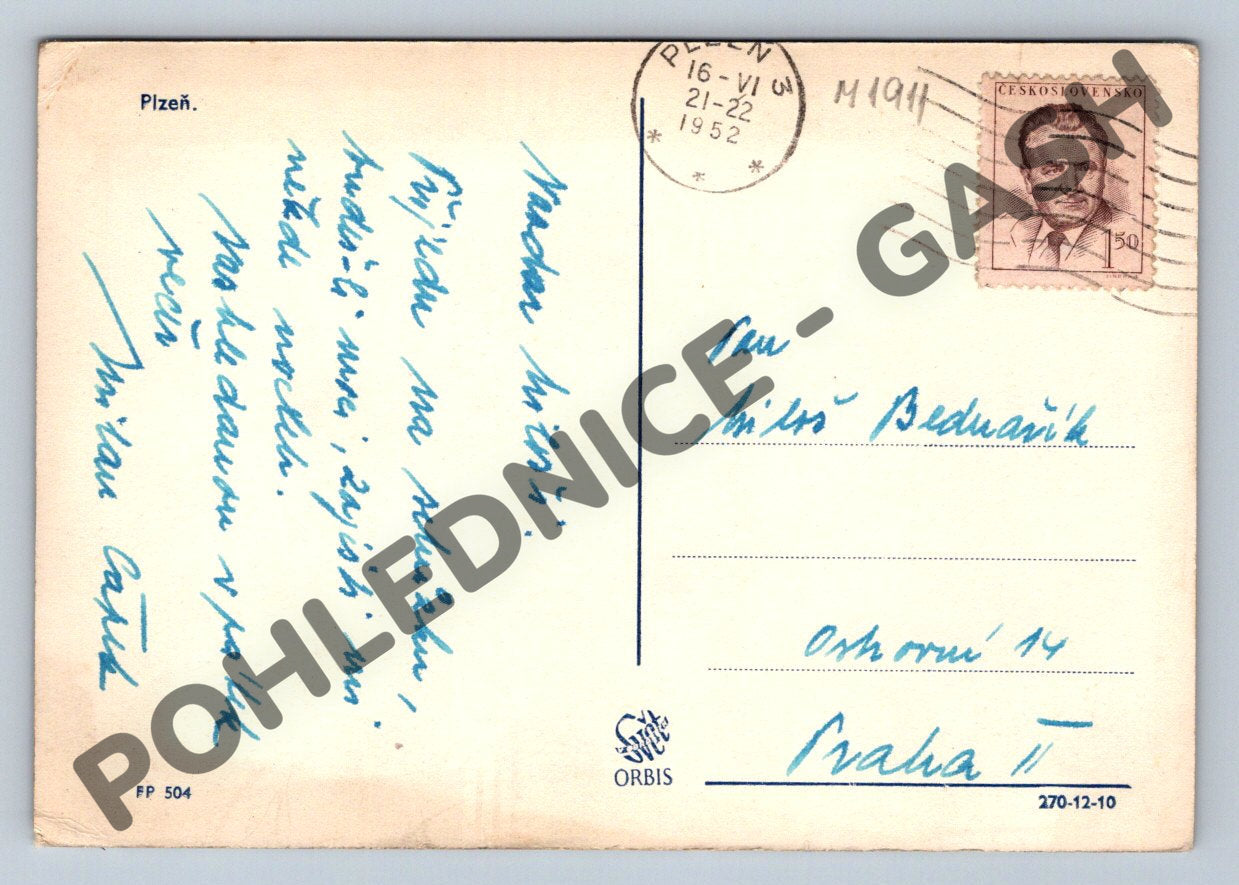 Postcard Pilsen castle chateau 1952 (M1911)