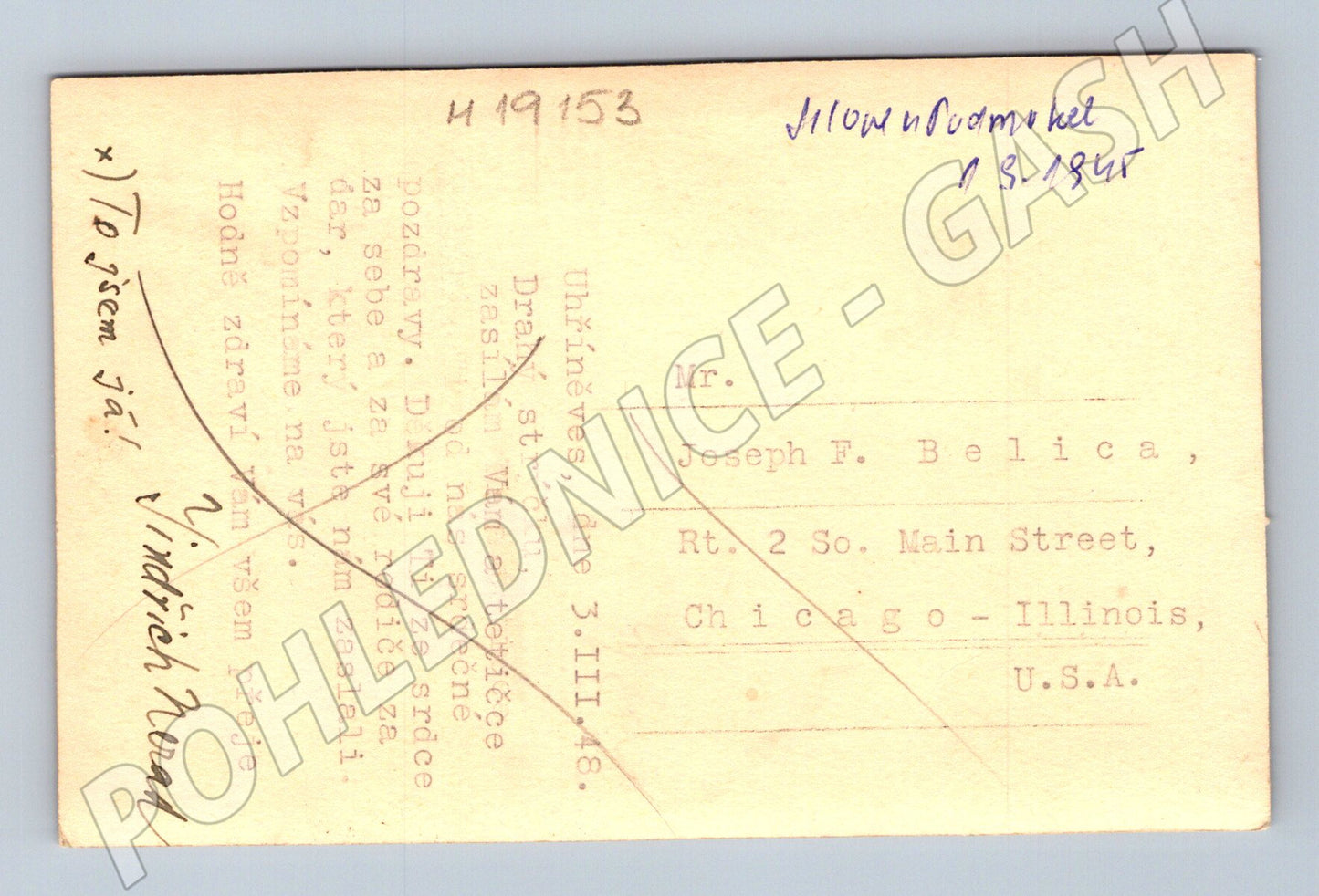 Pohlednice muž v zahradě Jindřich Nerad Uhříněves do USA (M19153)