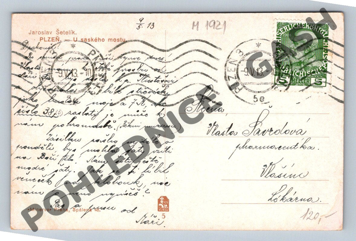 Postcard Pilsen Saxon Bridge painted 1913 (M1921)