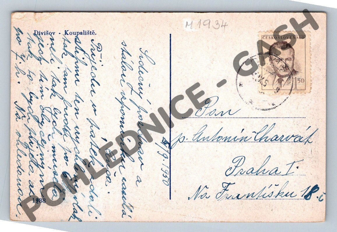 Pohlednice Divišov koupaliště 1934 ČSR (M1934)