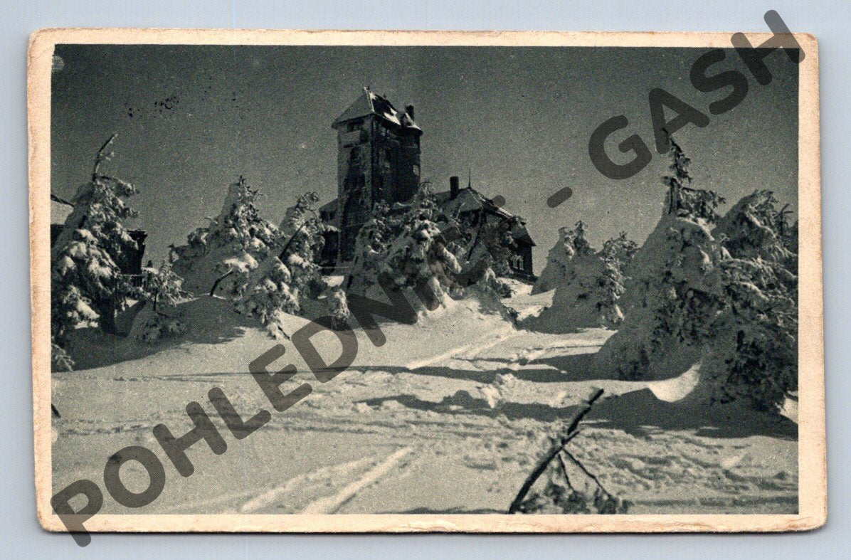 Pohlednice Ještěd zasněžený zimní motiv raz 1940 (M1940)