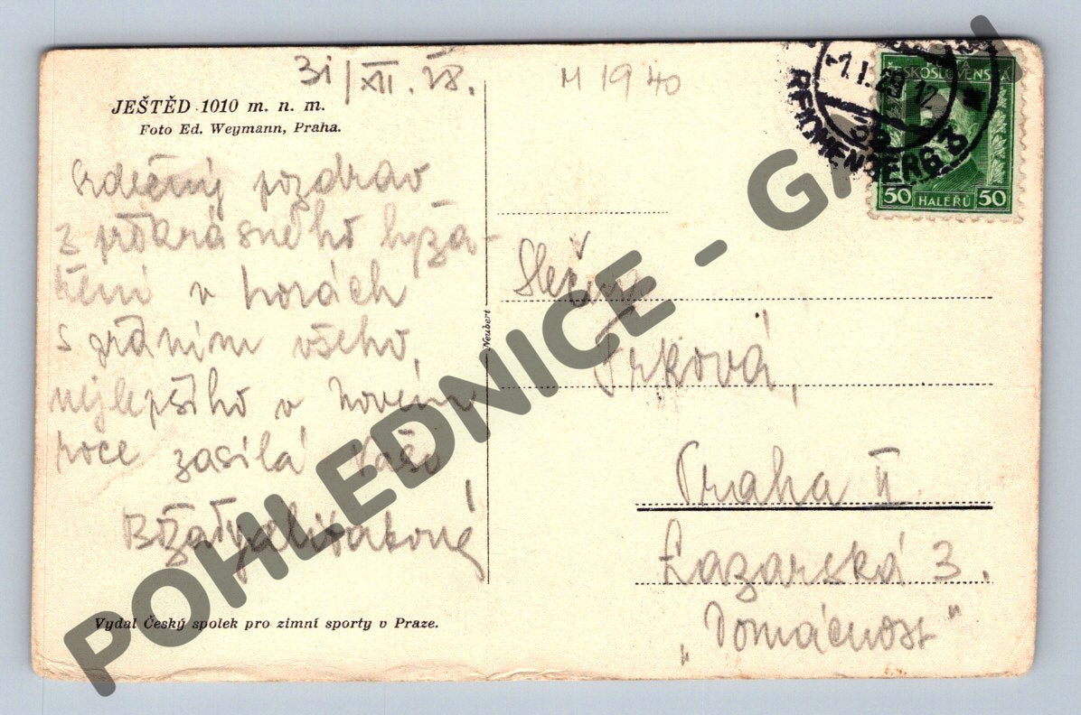 Pohlednice Ještěd zasněžený zimní motiv raz 1940 (M1940)