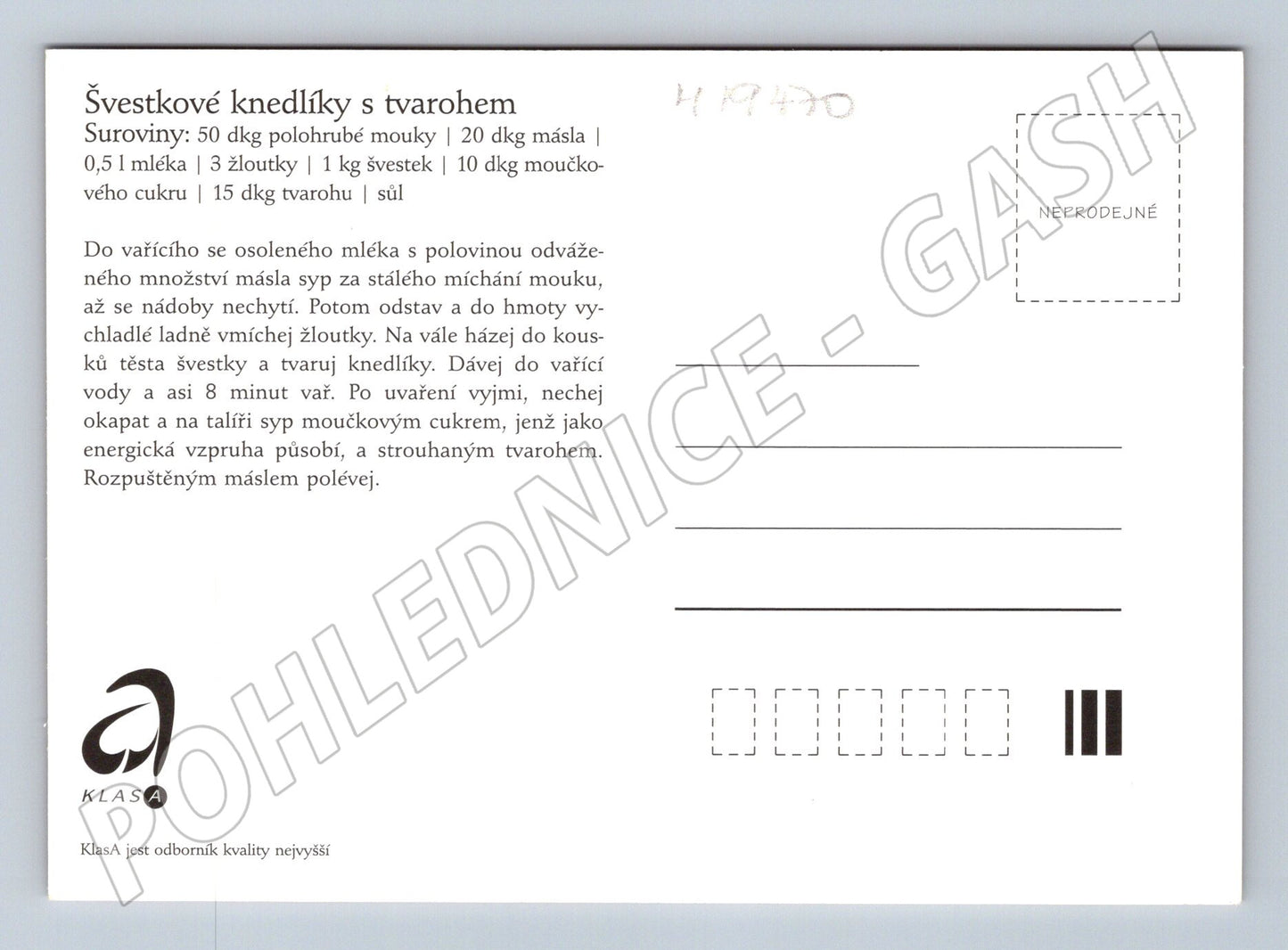 Pohlednice Švestkové knedlíky recept česká kuchyně KLASA (M19470)