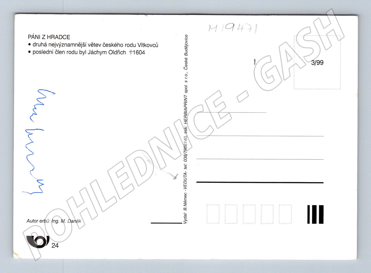 Pohlednice erb Páni z Hradce česká šlechta heraldika (M19471)